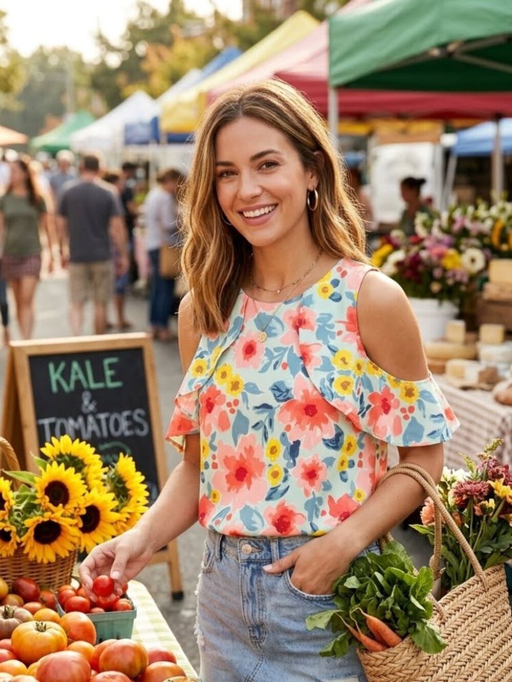 Mud Pie Women's M Watercolor Floral Cold Shoulder Ruffle Blouse Top